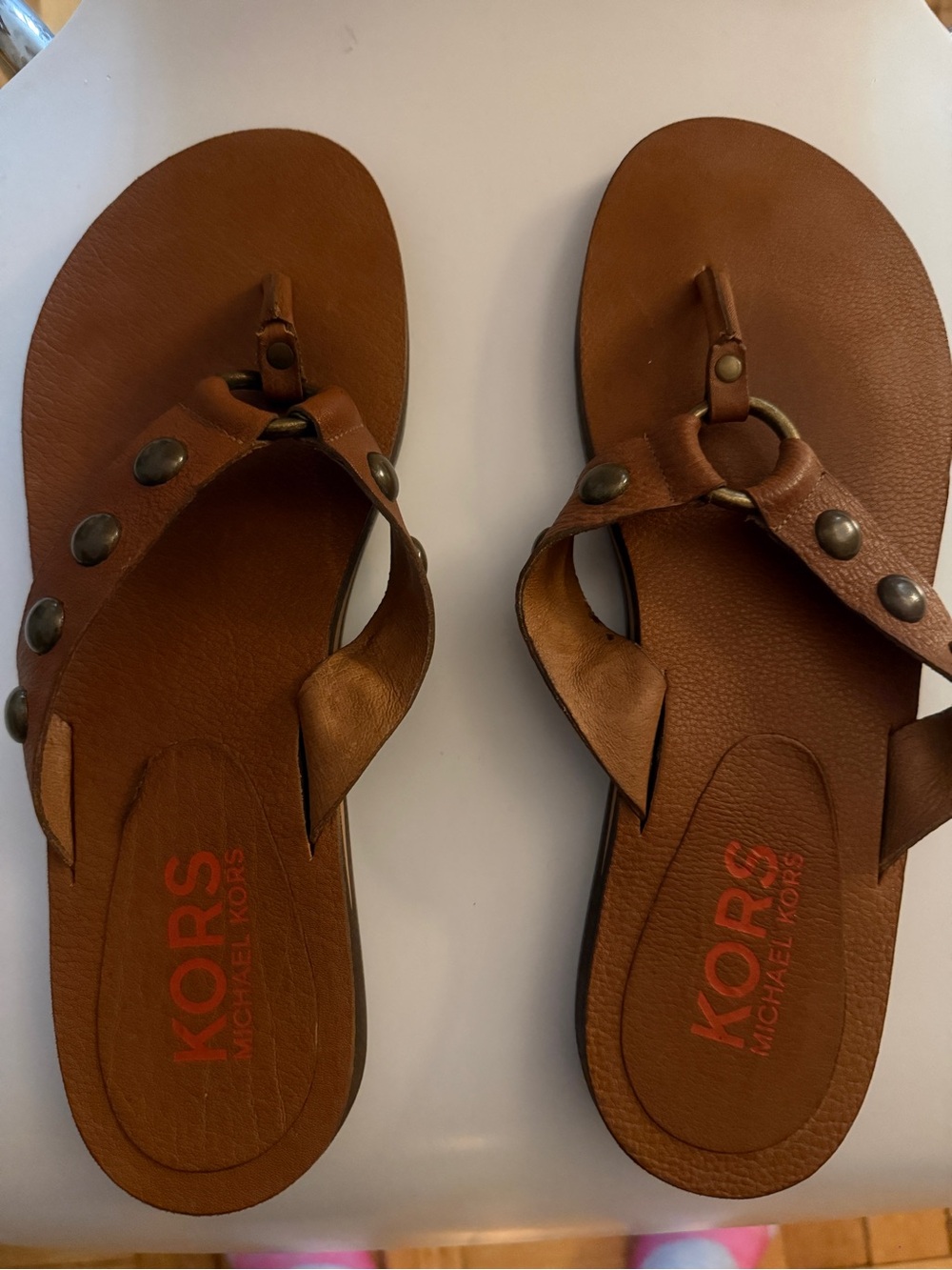 Michael Kors Brown Leather Studded Thong Sandals